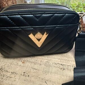 Valentino Orlandi Black Quilted Crossbody Bag with Gold Detail